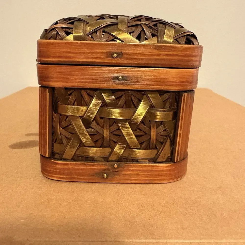 Handwoven Bamboo Keepsake Storage Box with Metallic Ribbon Weave & Latch Vintage